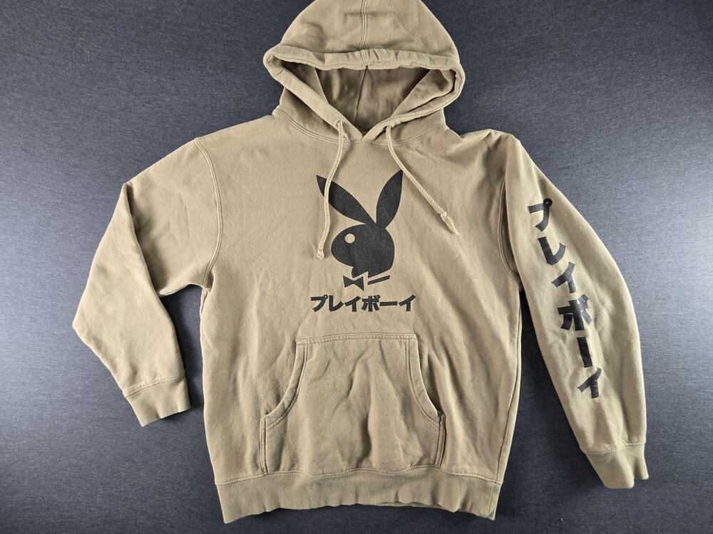 Playboy Hoodie Sweatshirt Mens Large Beige Japanese Bunny Graphic Logo Fleece